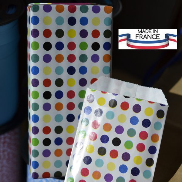 Rouleau papier cadeau fantaisie à pois de toutes les couleurs en 70cm de large ou en 50cm de large Emballages Boutiques et Commerces Fabriqué en France Recyclable