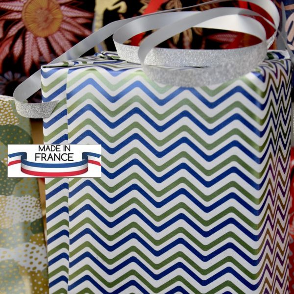 Rouleau / Bobine papier cadeau recyclé, chevrons, zig-zag, vagues vert et bleu Fabriqué en France MIF blanc 70cmx25m 70cmx50m 70cmx100m Comptoir pour les boutiques et les commerces