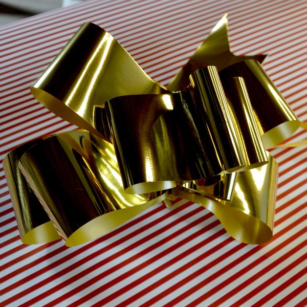 Noeud automatique finition métallisée en doré brillant/miroir Largeur du ruban : 66 mm XXL pour décorations mariages et marchés de Noël / Fabriqués en France