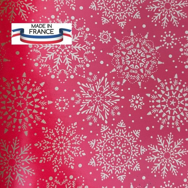 Rouleau de papier cadeau 70cm x 50m Rouge avec étoiles flocons dorés Fabriqué France Recyclable